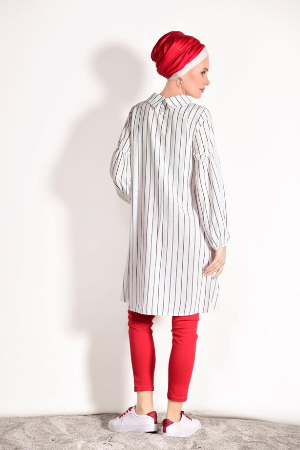 Hijab-Kleidung  T 2636 Dkn-Çizgi Desenli Tunik - TRENDTESETTÜR
