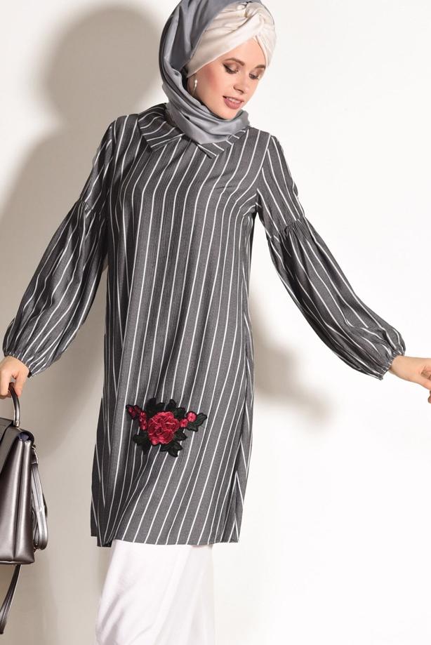 Hijab-Kleidung  T 2636 Dkn-Çizgi Desenli Tunik - TRENDTESETTÜR