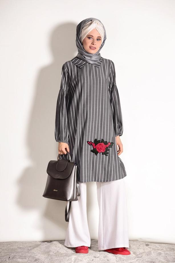 Hijab-Kleidung  T 2636 Dkn-Çizgi Desenli Tunik - TRENDTESETTÜR