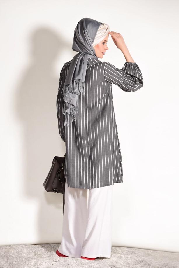 Hijab-Kleidung  T 2636 Dkn-Çizgi Desenli Tunik - TRENDTESETTÜR