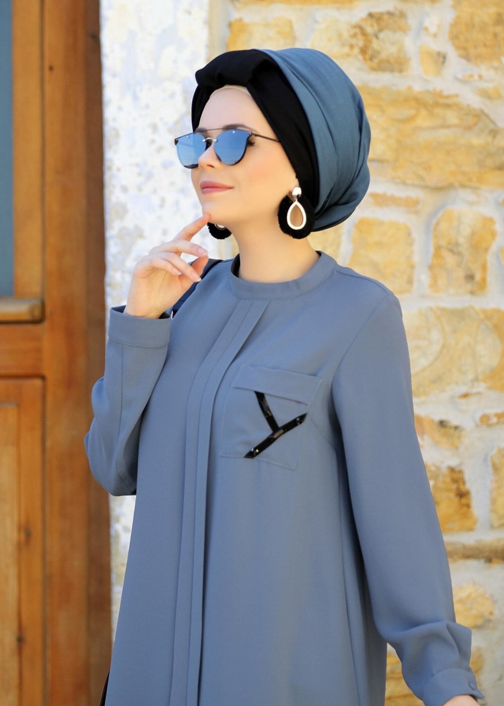 Hijab clothing BLUE POCKET DETAIL TUNIC 2962 