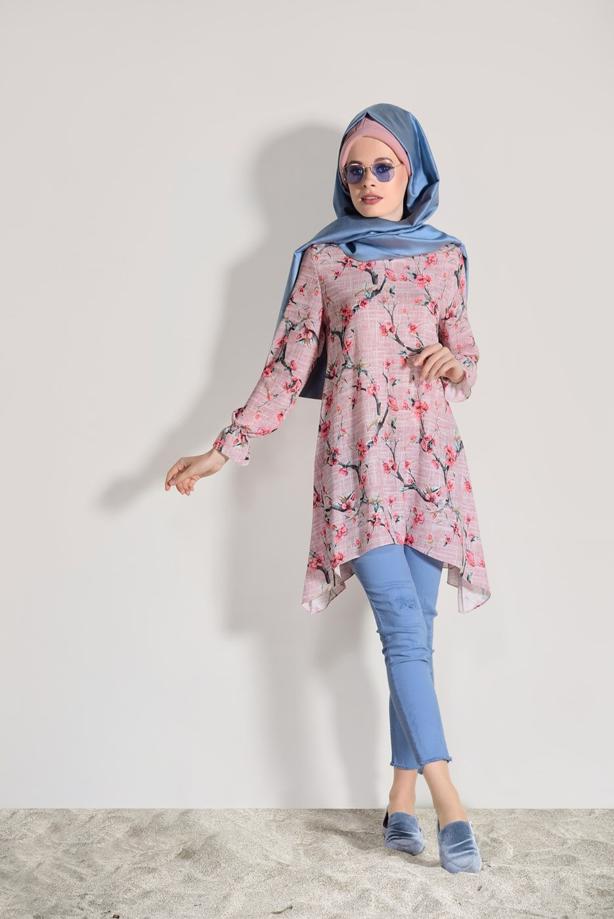 Vêtements hijab  ASYMMETRIC CUT FLORAL TUNIC 3035  - TRENDTESETTÜR