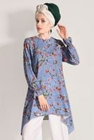 Vêtements hijab BLEU MARINE TUNIQUE COUPE ASYMETRIQUE A MOTIFS FLORAL 3035