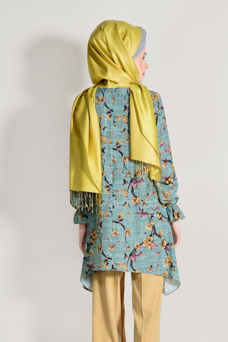 Hijab clothing GREEN ASYMMETRIC CUT FLORAL TUNIC 3035 