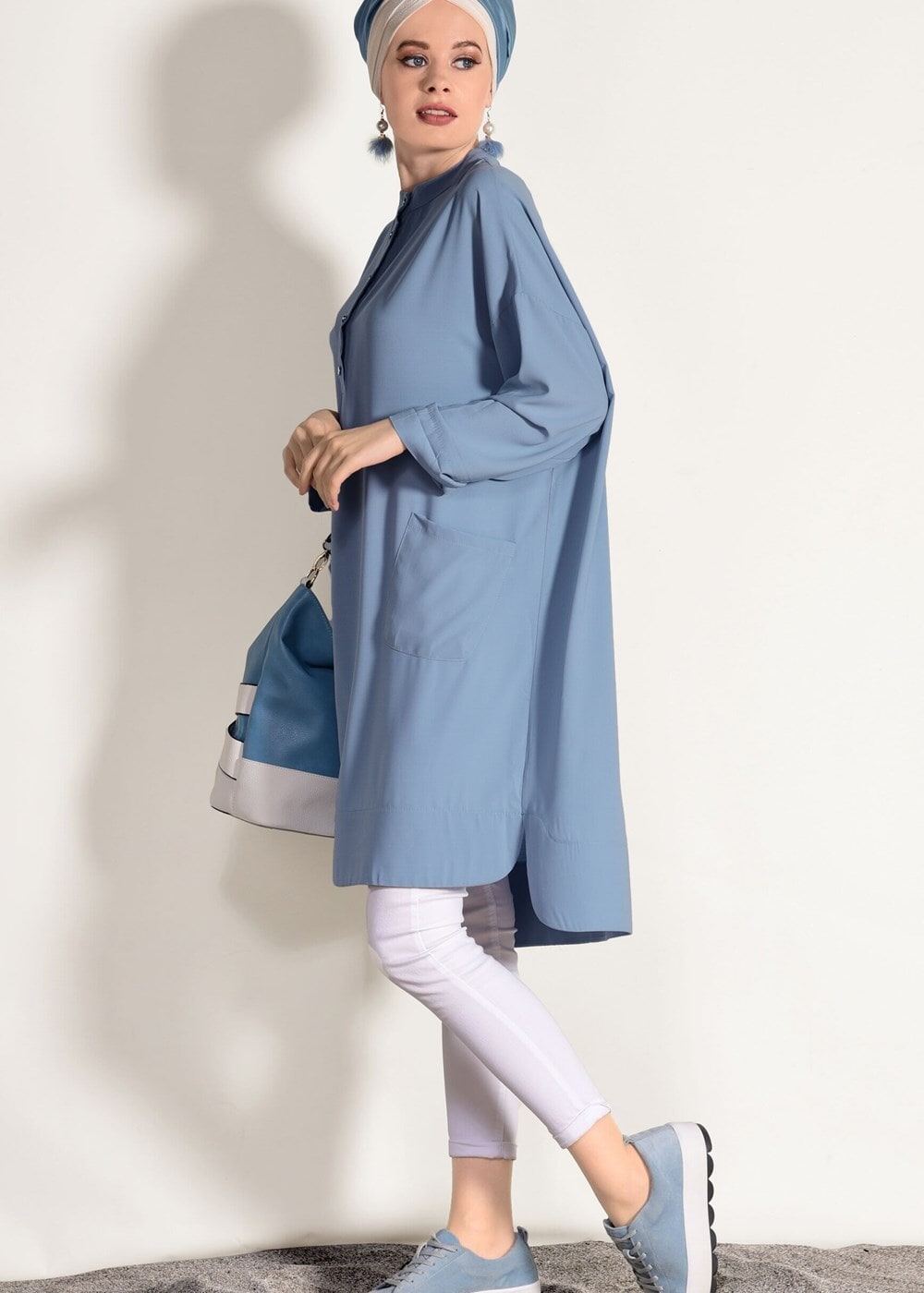 Tesettür giyim MAVİ T 3103 Lmf-Cep Detaylı Salaş Tunik
