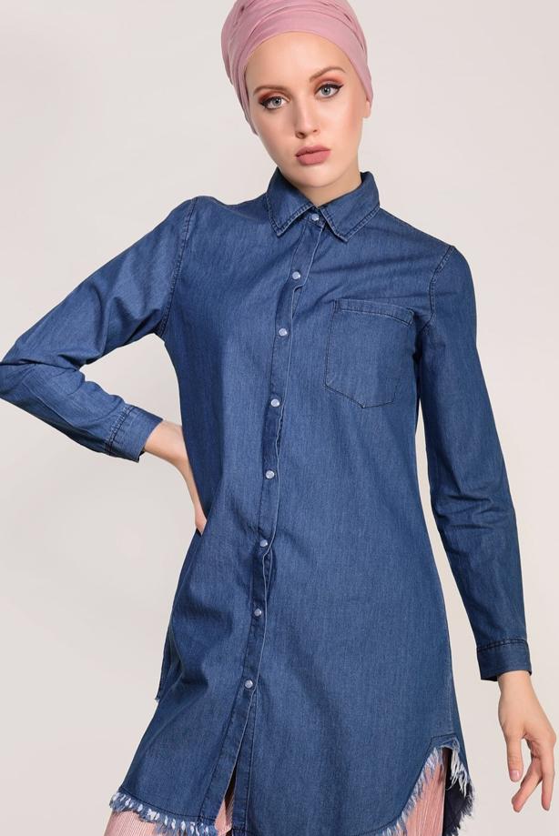 Vêtements hijab  FRINGE DETAILED DENIM TUNIC 3108  - TRENDTESETTÜR