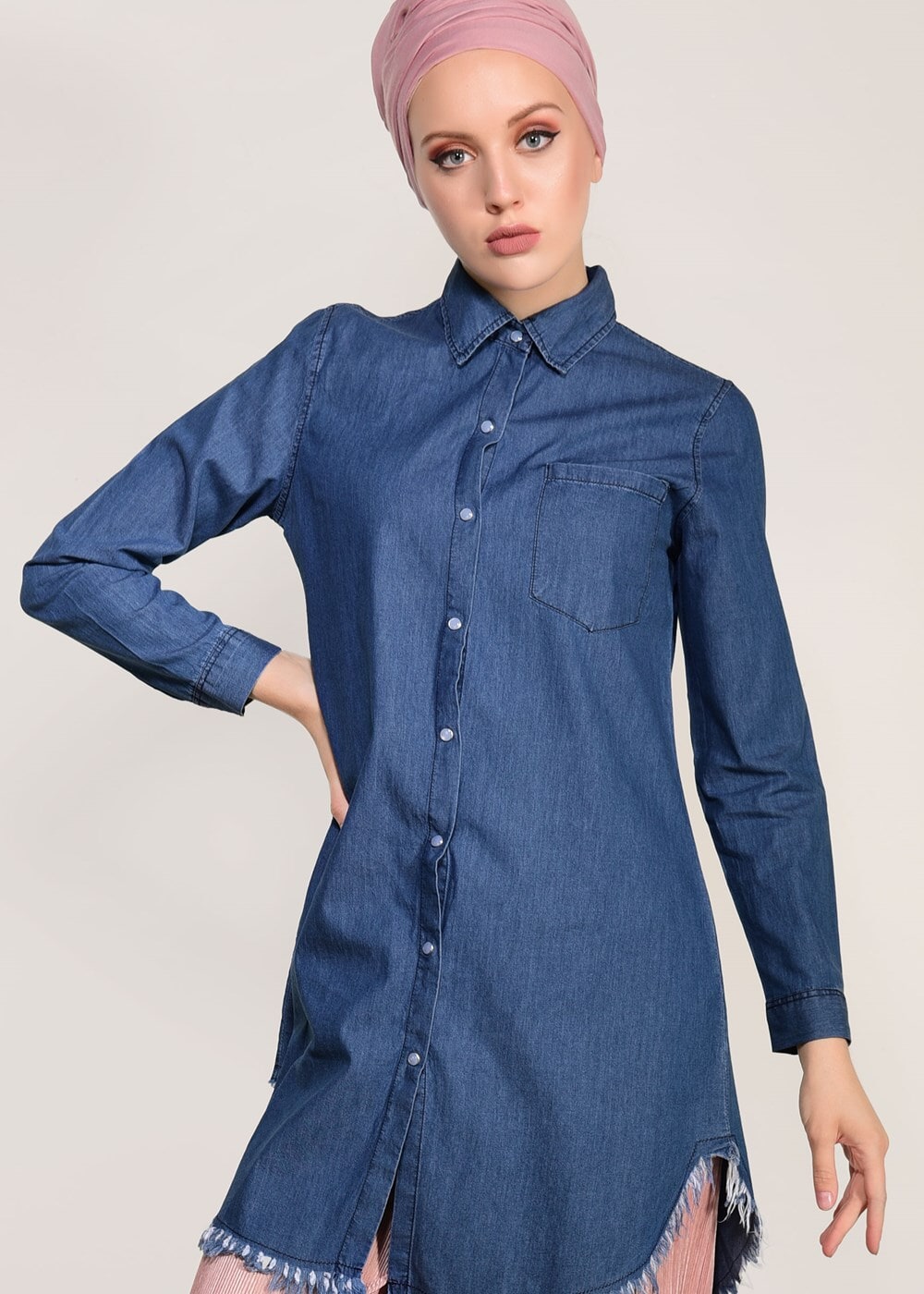 Hijab clothing NAVY BLUE FRINGE DETAILED DENIM TUNIC 3108 