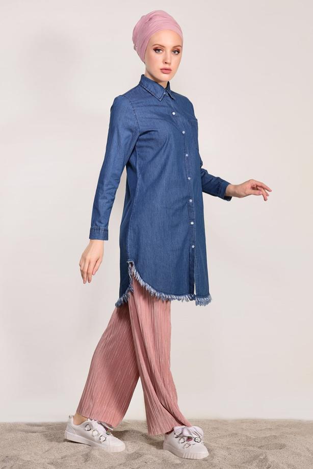 Vêtements hijab  FRINGE DETAILED DENIM TUNIC 3108  - TRENDTESETTÜR