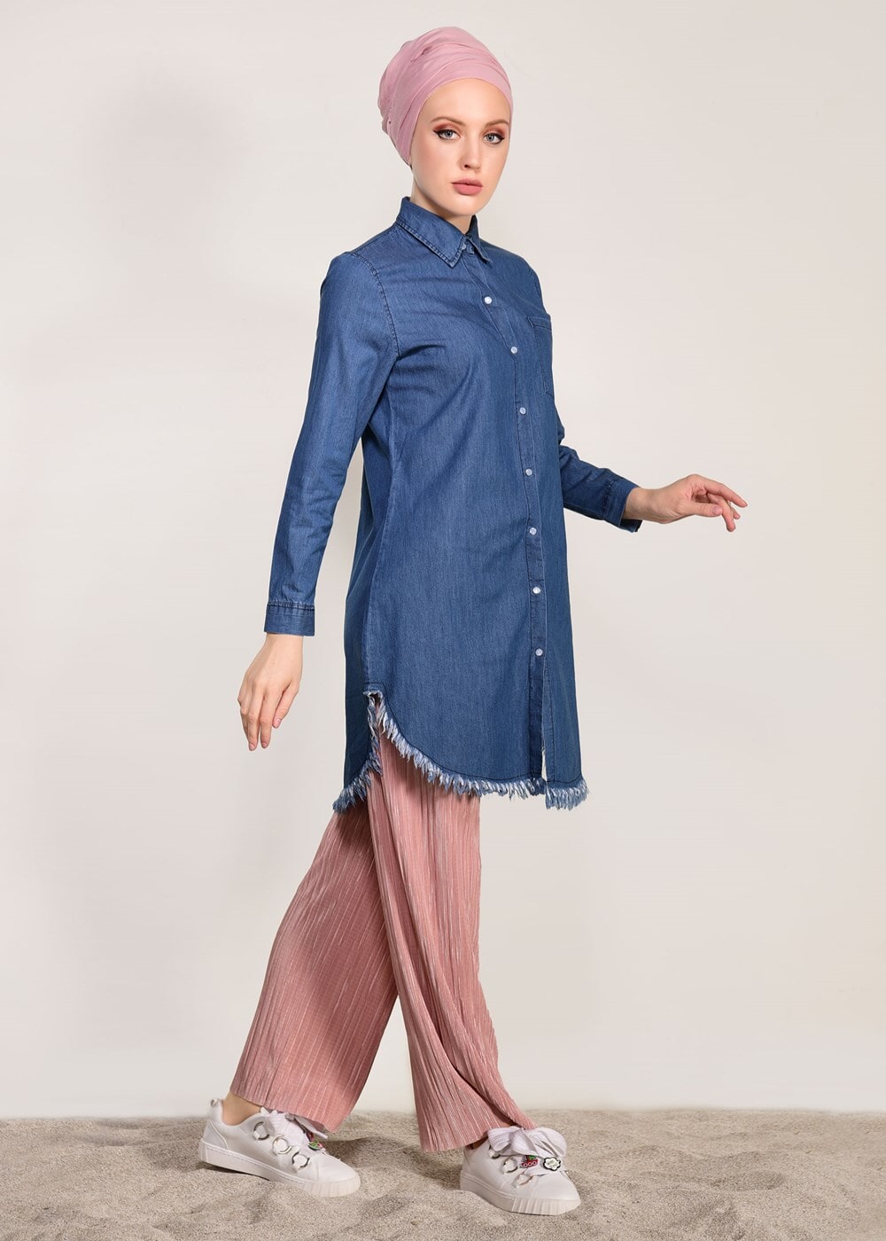 Hijab clothing NAVY BLUE FRINGE DETAILED DENIM TUNIC 3108 