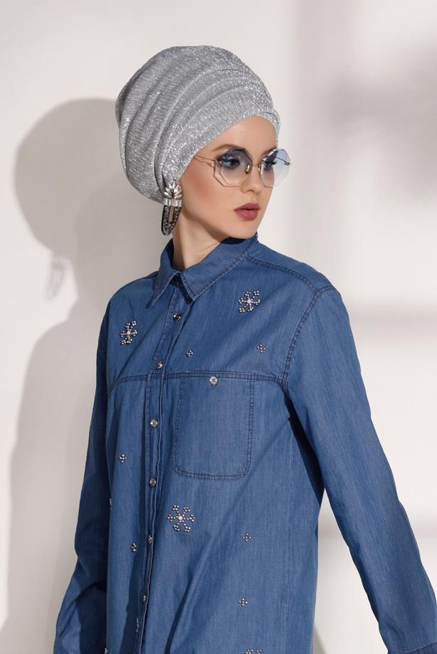 Tesettür giyim  BONCUK DETAYLI DENİM TUNİK 3126  - TRENDTESETTÜR