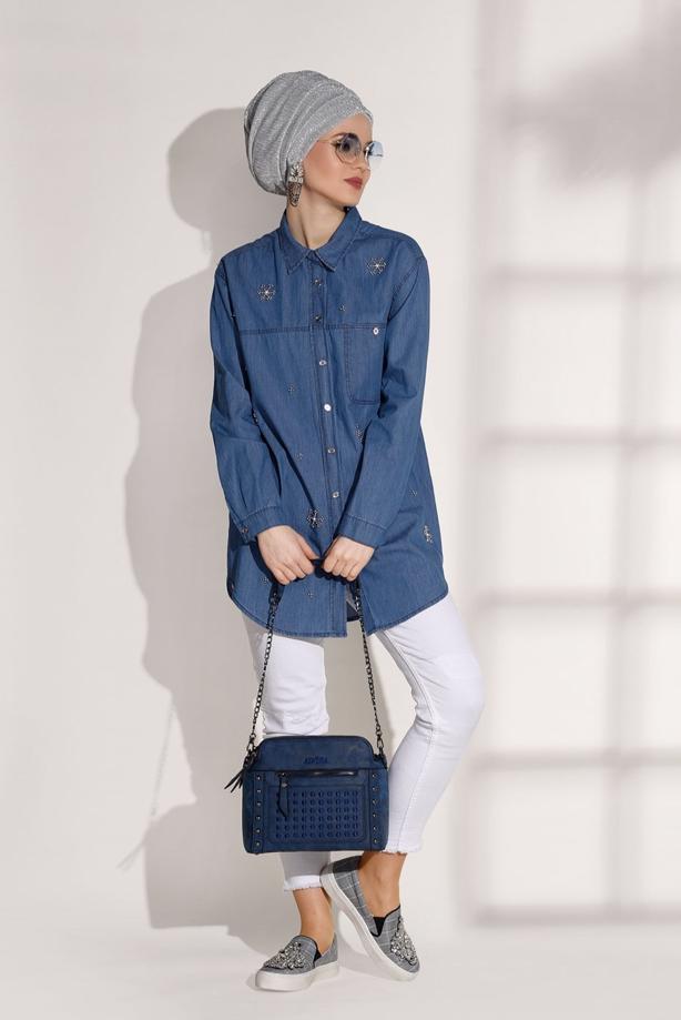 Tesettür giyim  BONCUK DETAYLI DENİM TUNİK 3126  - TRENDTESETTÜR