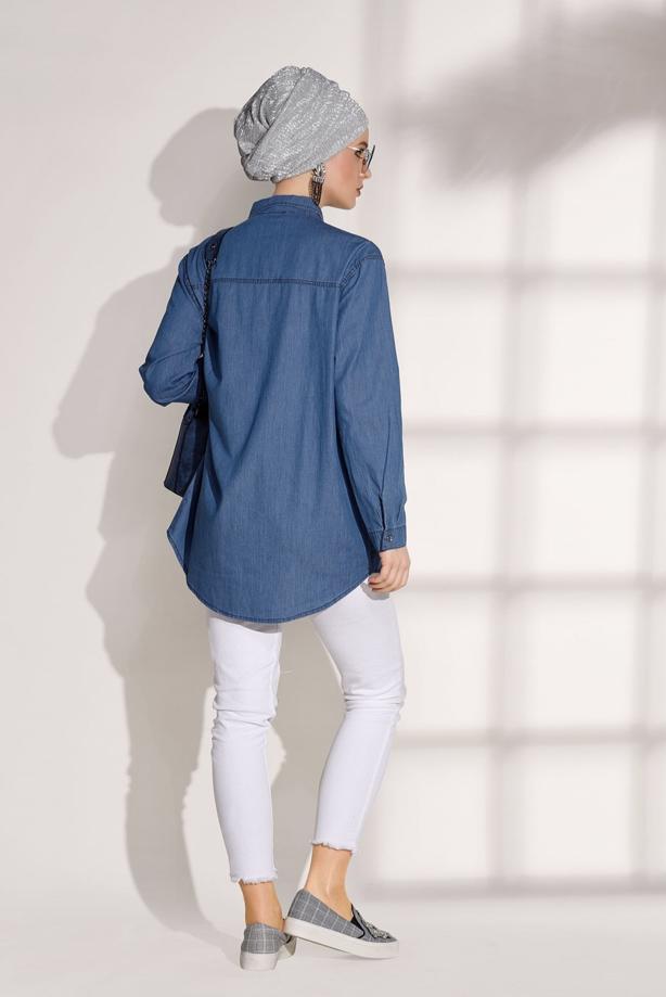 Tesettür giyim  BONCUK DETAYLI DENİM TUNİK 3126  - TRENDTESETTÜR