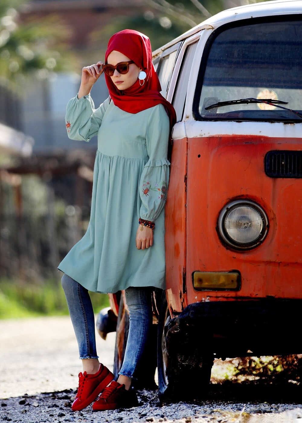 Tesettür giyim YEŞİL T 3165 Asmiray-Nakış Detaylı Tancel Tunik