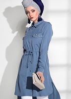 Tesettür giyim MAVİ T 3265 Asmiray- Bel Kısmı Büzgülü Tunik