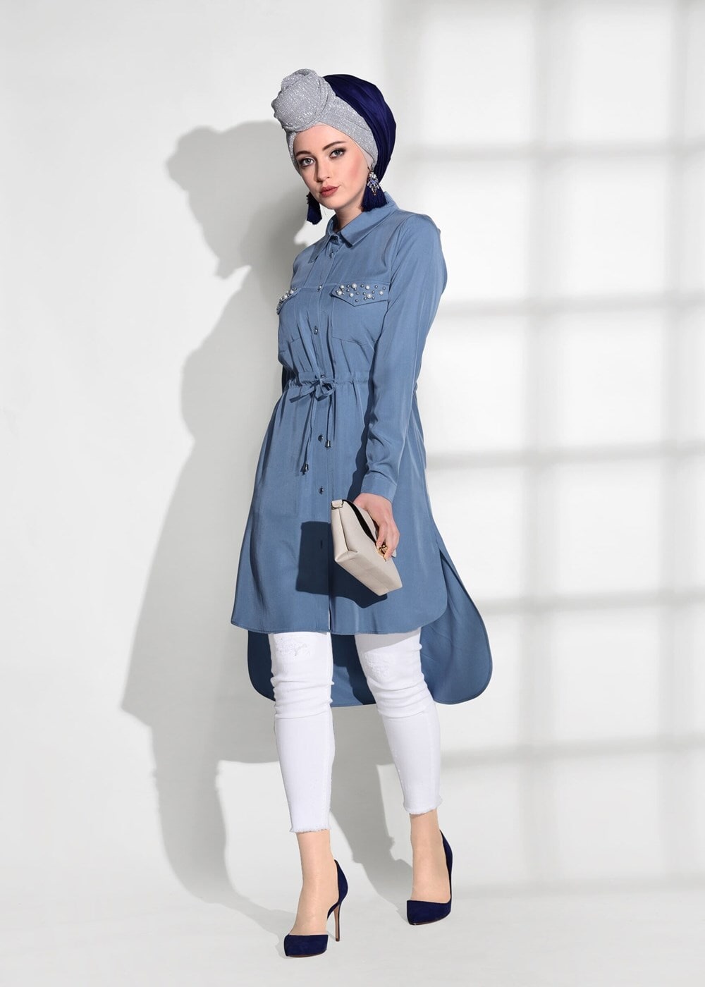 Tesettür giyim MAVİ T 3265 Asmiray- Bel Kısmı Büzgülü Tunik