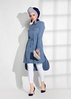 Tesettür giyim MAVİ T 3265 Asmiray- Bel Kısmı Büzgülü Tunik