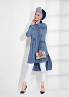 Tesettür giyim MAVİ T 3265 Asmiray- Bel Kısmı Büzgülü Tunik