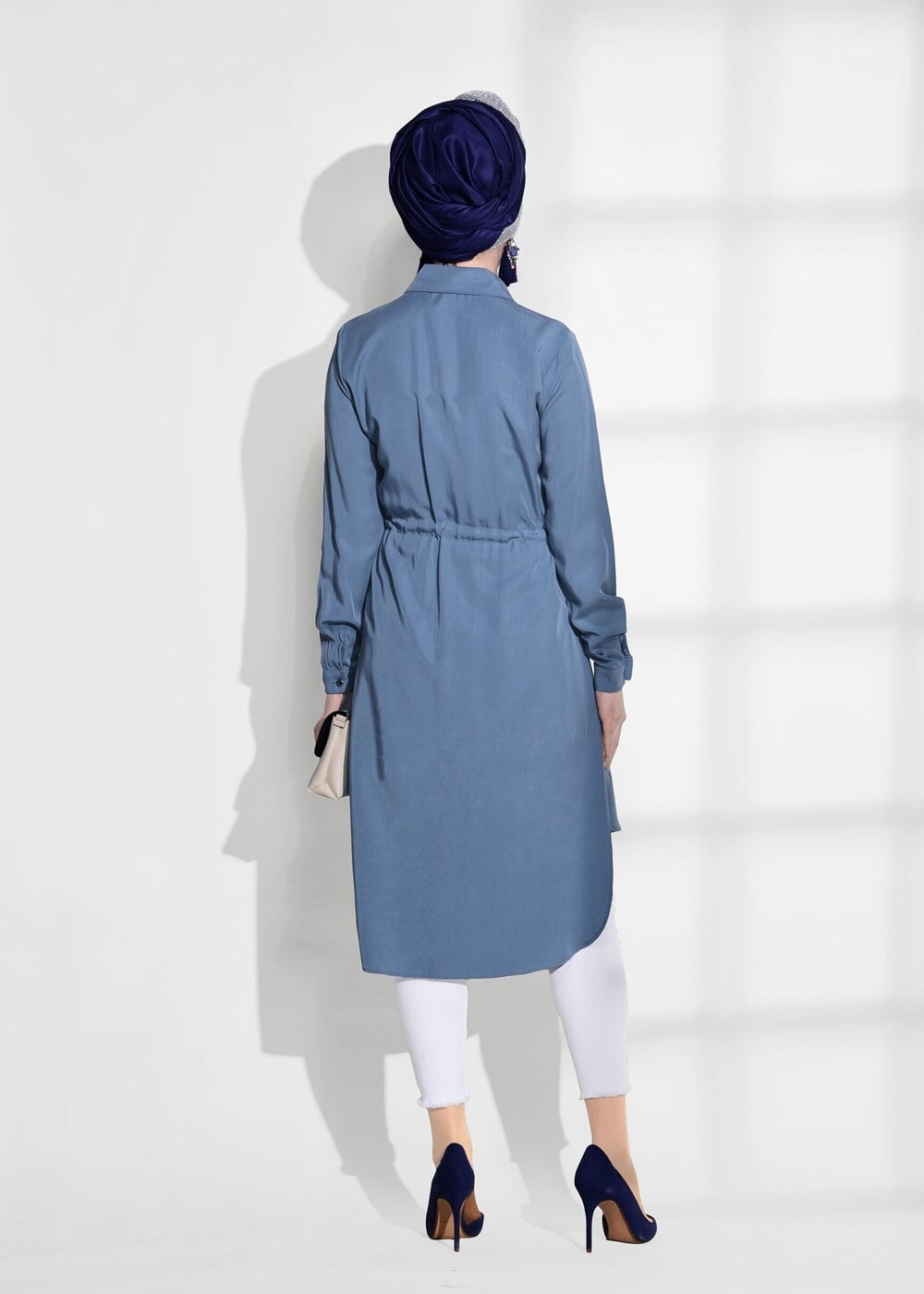 Tesettür giyim MAVİ T 3265 Asmiray- Bel Kısmı Büzgülü Tunik