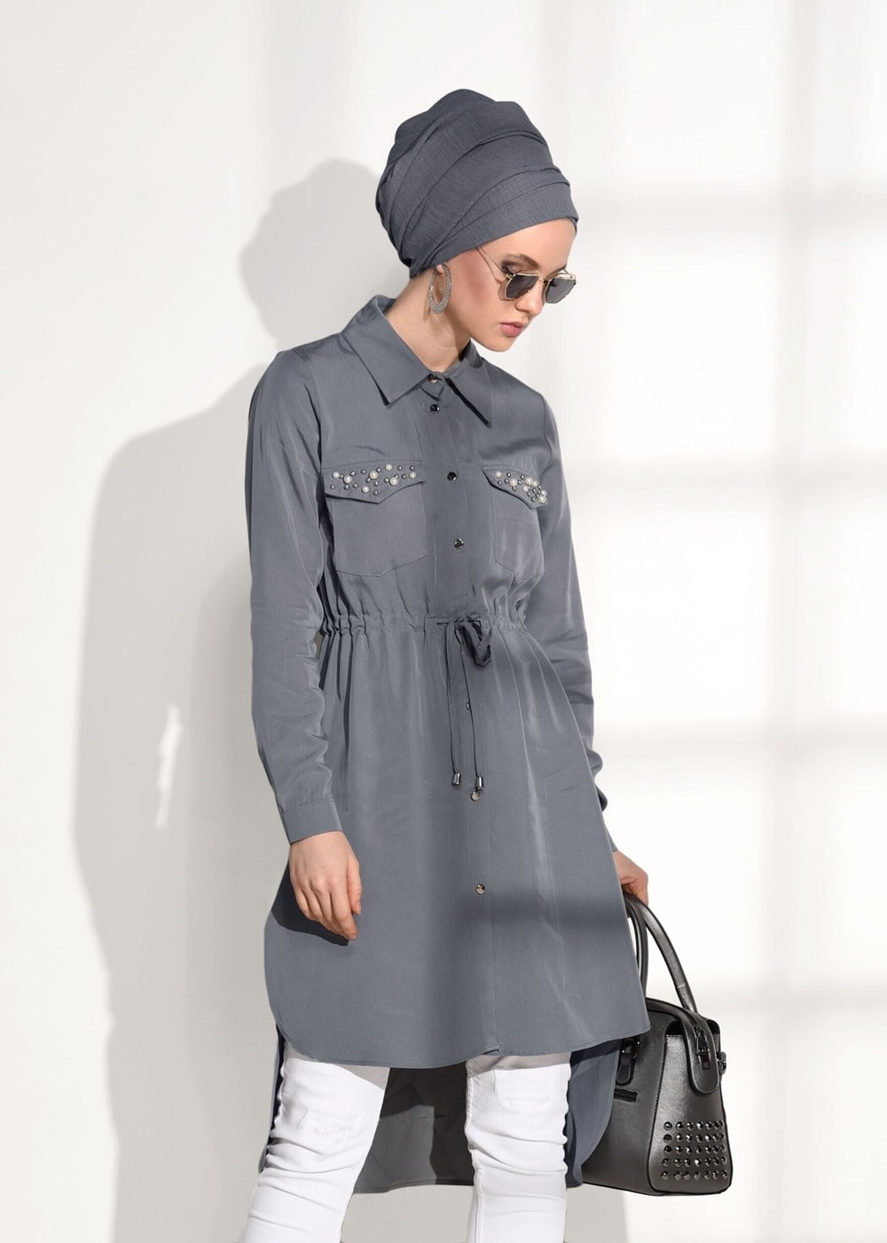 Tesettür giyim GRİ T 3265 Asmiray- Bel Kısmı Büzgülü Tunik