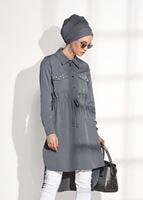 Tesettür giyim GRİ T 3265 Asmiray- Bel Kısmı Büzgülü Tunik