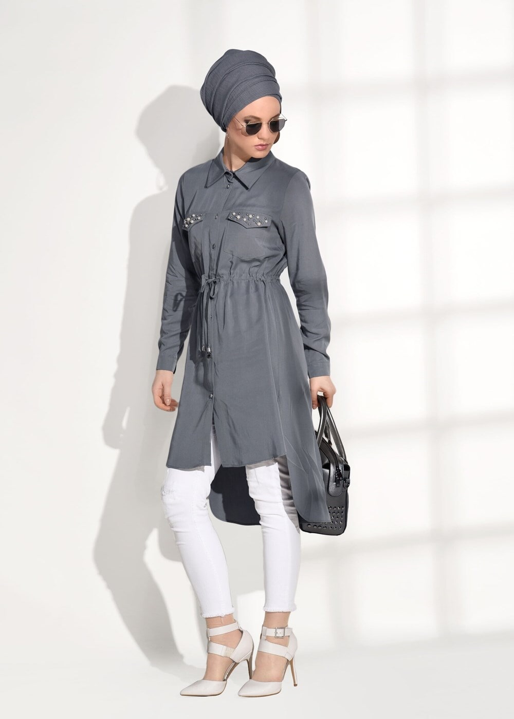 Tesettür giyim GRİ T 3265 Asmiray- Bel Kısmı Büzgülü Tunik