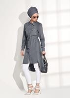 Tesettür giyim GRİ T 3265 Asmiray- Bel Kısmı Büzgülü Tunik