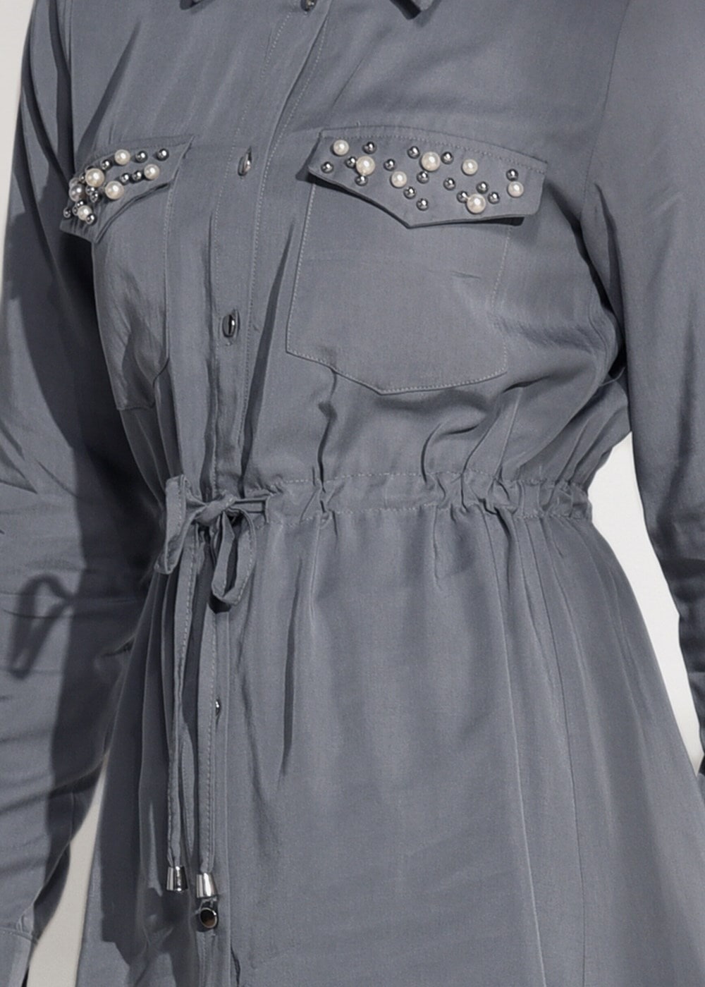 Tesettür giyim GRİ T 3265 Asmiray- Bel Kısmı Büzgülü Tunik