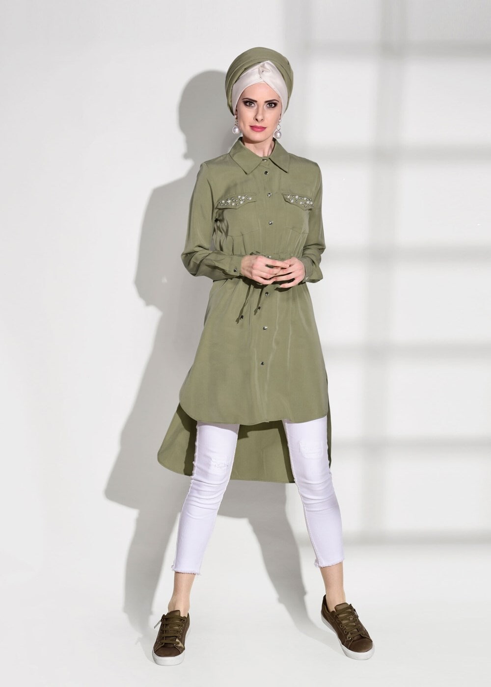 Tesettür giyim YEŞİL T 3265 Asmiray- Bel Kısmı Büzgülü Tunik