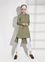 Tesettür giyim YEŞİL T 3265 Asmiray- Bel Kısmı Büzgülü Tunik