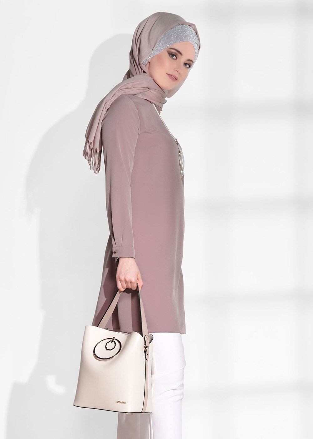 Tesettür giyim PEMBE T 3308 Mısra- Klasik Kesim Tunik