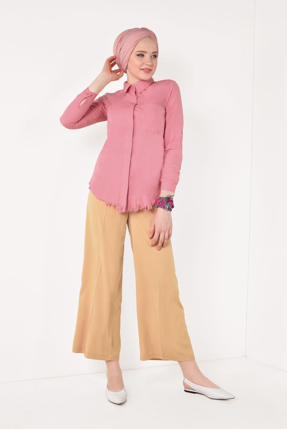 Tesettür giyim PEMBE PÜSKÜL DETAYLI BLUZ 3338
