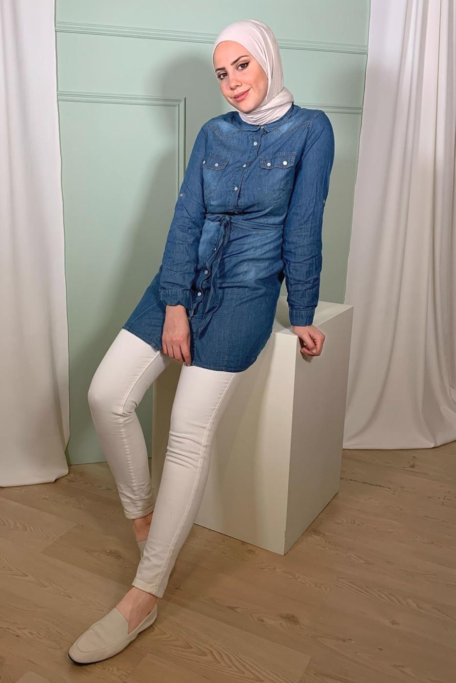 Vêtements hijab BLEU MARINE TUNIQUE DENIM DÉTAIL POCHE T 3424