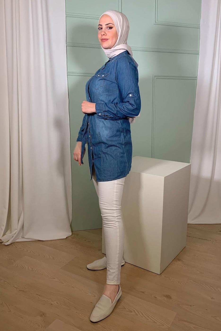 Vêtements hijab BLEU MARINE TUNIQUE DENIM DÉTAIL POCHE T 3424