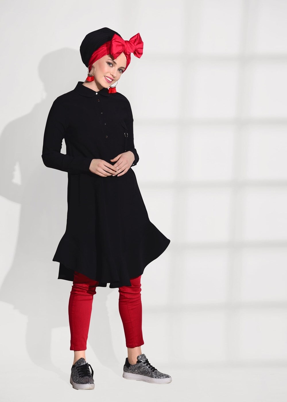 Tesettür giyim SİYAH T 3465 Asmiray- Cep Detaylı Tencel Tunik