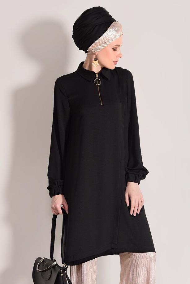 Hijab-Kleidung  T 3498 Mısra- Fermuar Detaylı Tunik - TRENDTESETTÜR