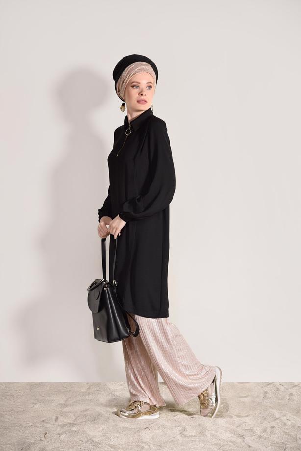 Hijab-Kleidung  T 3498 Mısra- Fermuar Detaylı Tunik - TRENDTESETTÜR