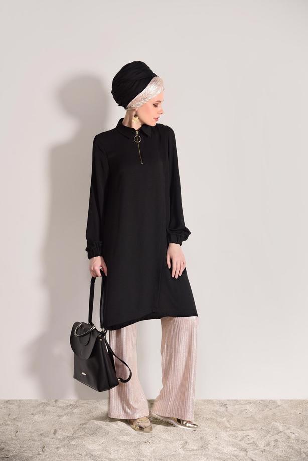 Hijab-Kleidung  T 3498 Mısra- Fermuar Detaylı Tunik - TRENDTESETTÜR