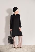 Tesettür giyim SİYAH T 3498 Mısra- Fermuar Detaylı Tunik