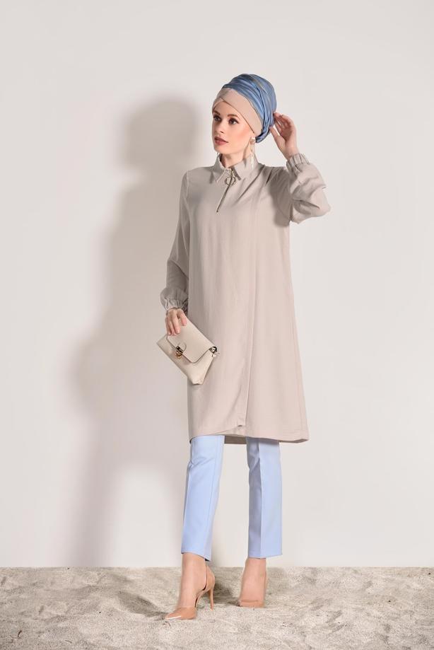 Hijab-Kleidung  T 3498 Mısra- Fermuar Detaylı Tunik - TRENDTESETTÜR