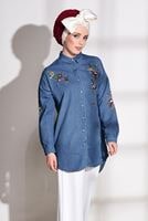 Tesettür giyim LACİVERT NAKIŞ DETAYLI DENİM TUNİK 3524 