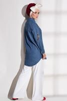 Tesettür giyim LACİVERT NAKIŞ DETAYLI DENİM TUNİK 3524 