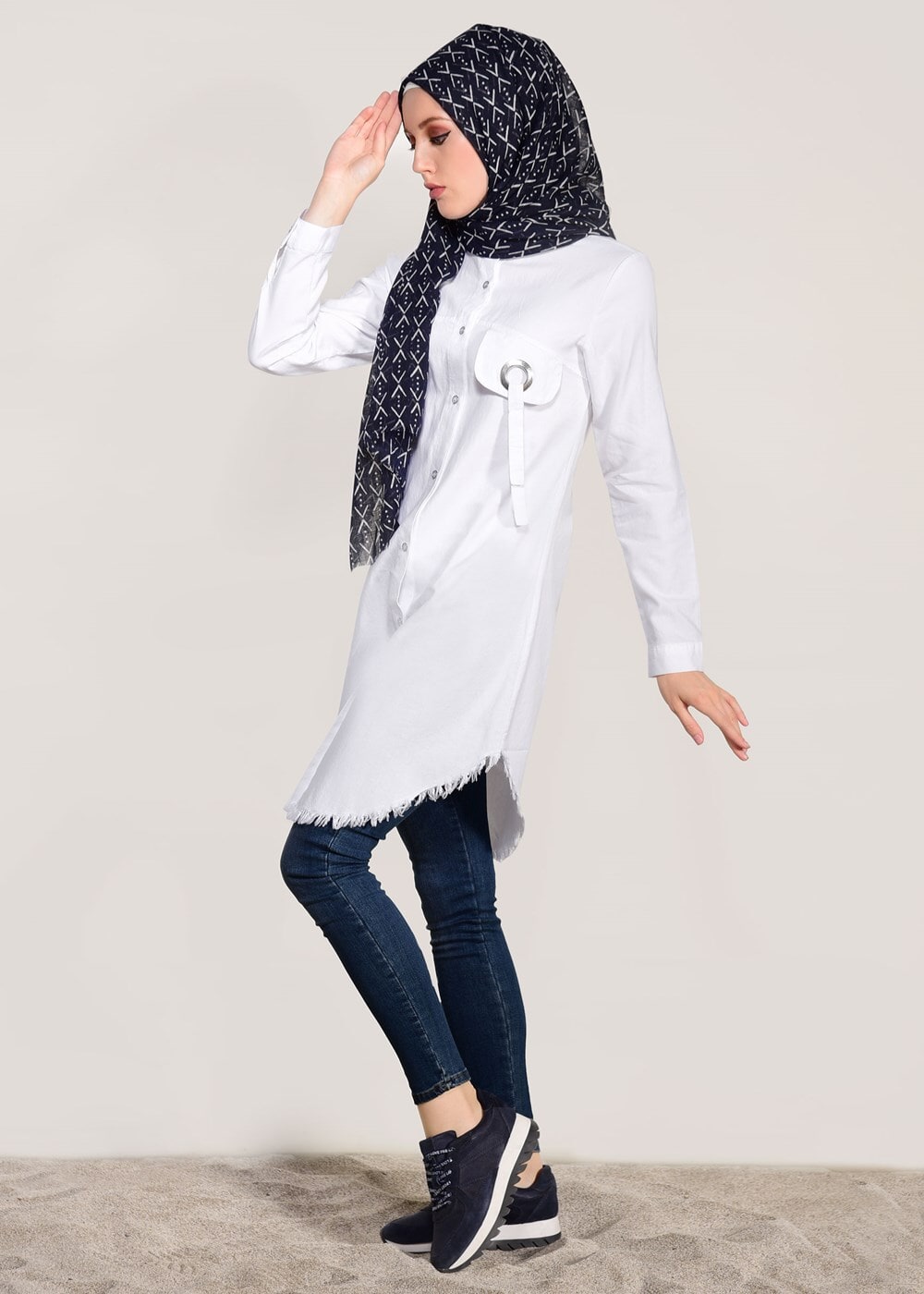 Vêtements hijab CRÈME TUNIQUE DÉTAILLÉE À FRANGES 3529