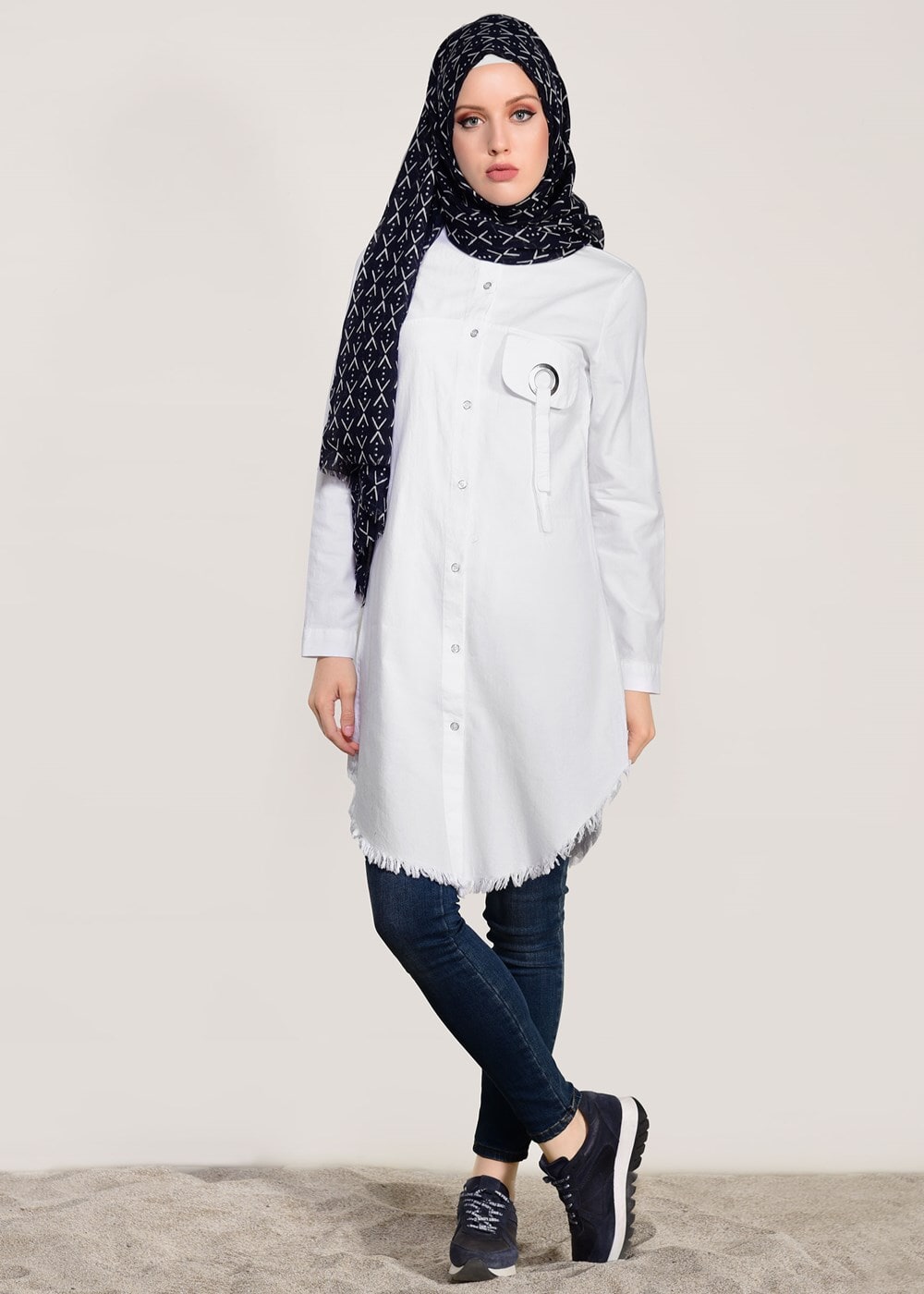 Vêtements hijab CRÈME TUNIQUE DÉTAILLÉE À FRANGES 3529
