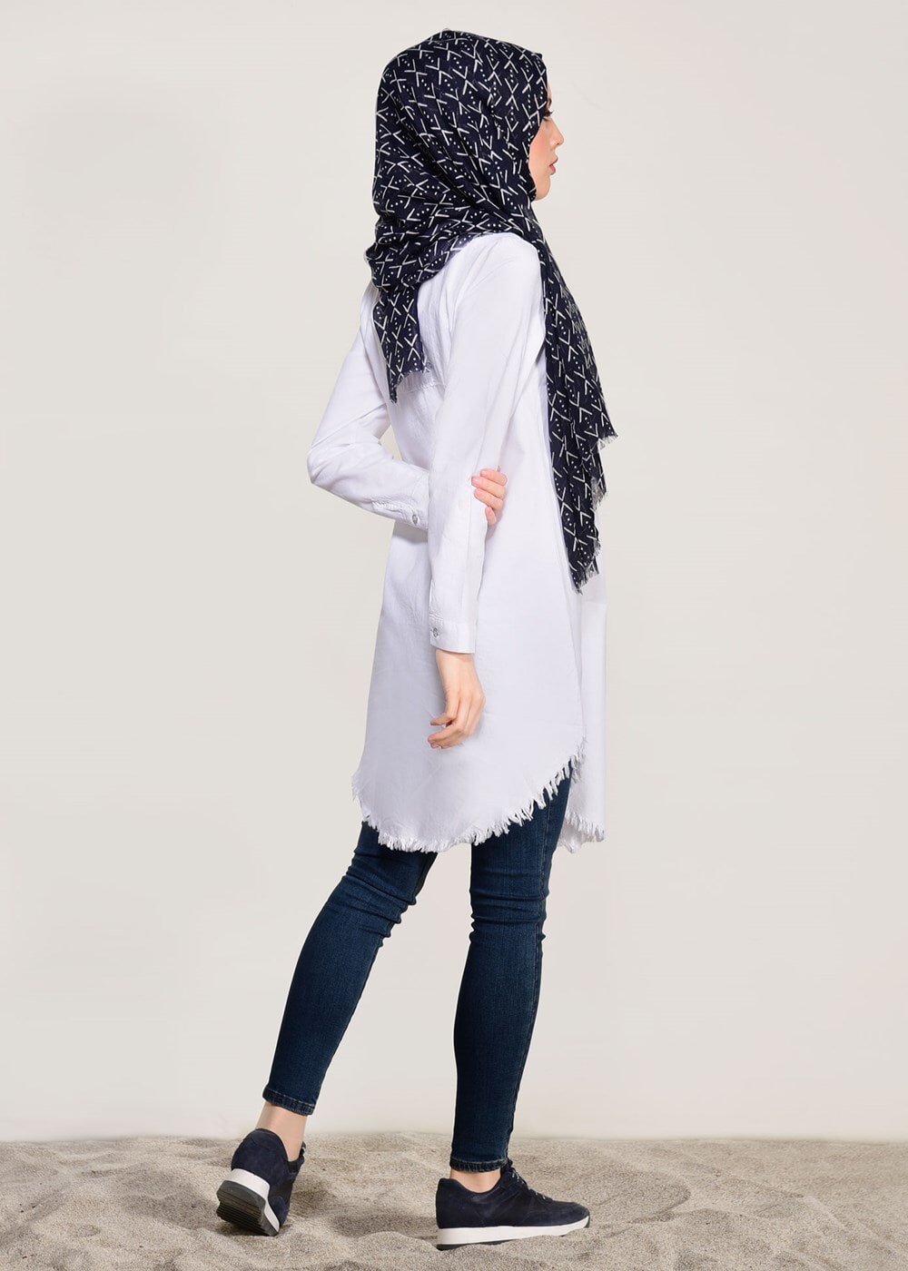 Vêtements hijab CRÈME TUNIQUE DÉTAILLÉE À FRANGES 3529