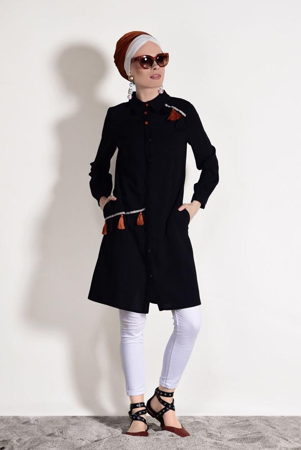 Tesettür giyim  T 3623 Mas- Püskül Detaylı Tunik - TRENDTESETTÜR