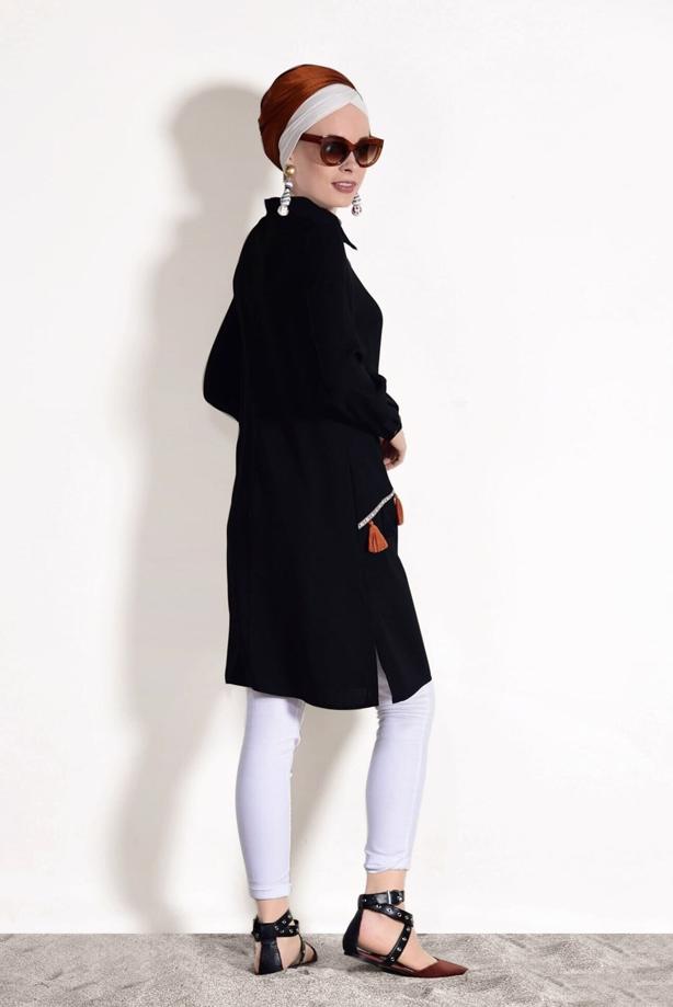 Tesettür giyim  T 3623 Mas- Püskül Detaylı Tunik - TRENDTESETTÜR