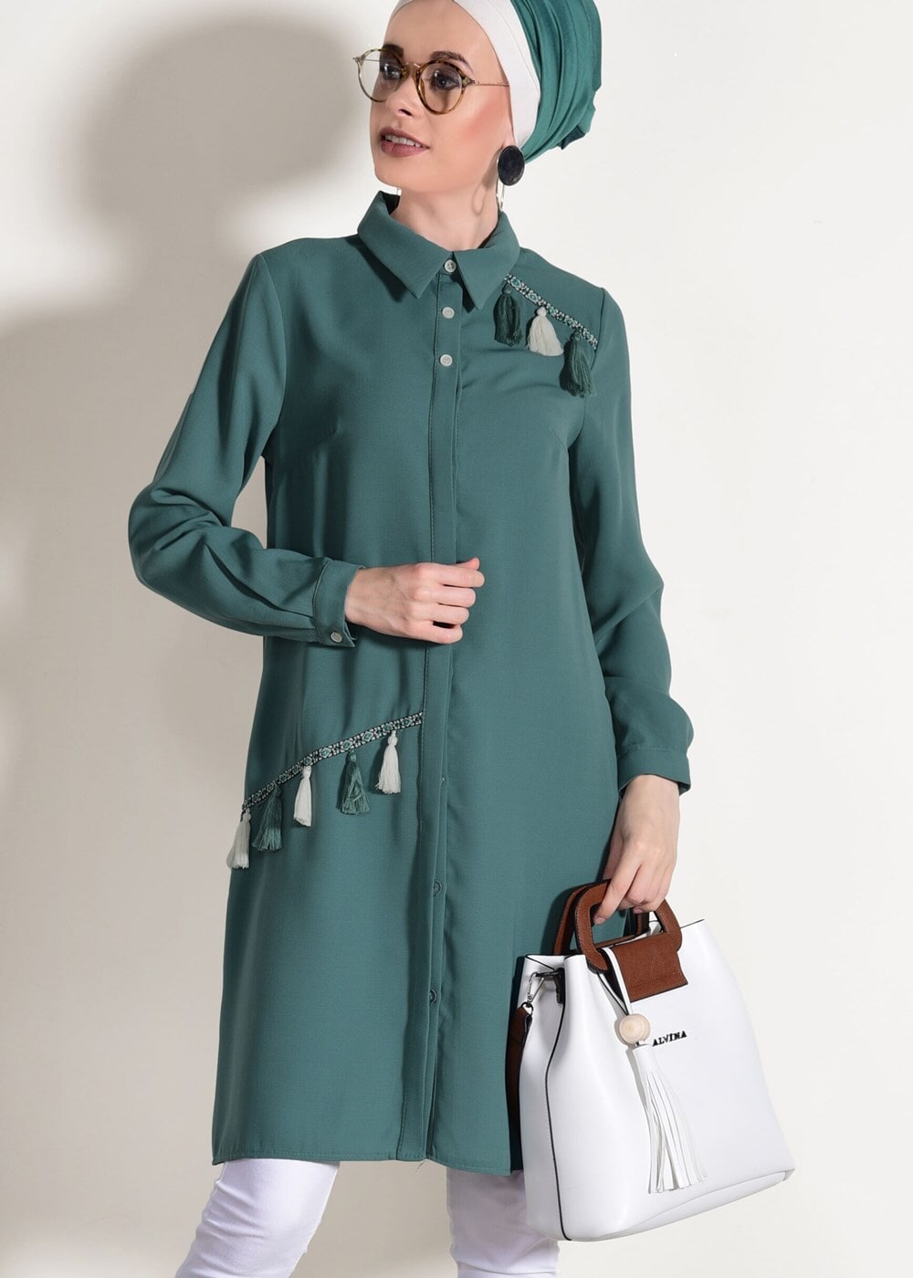 Vêtements hijab VERT TUNIQUE DÉTAILLÉE À FRANGES 3623 