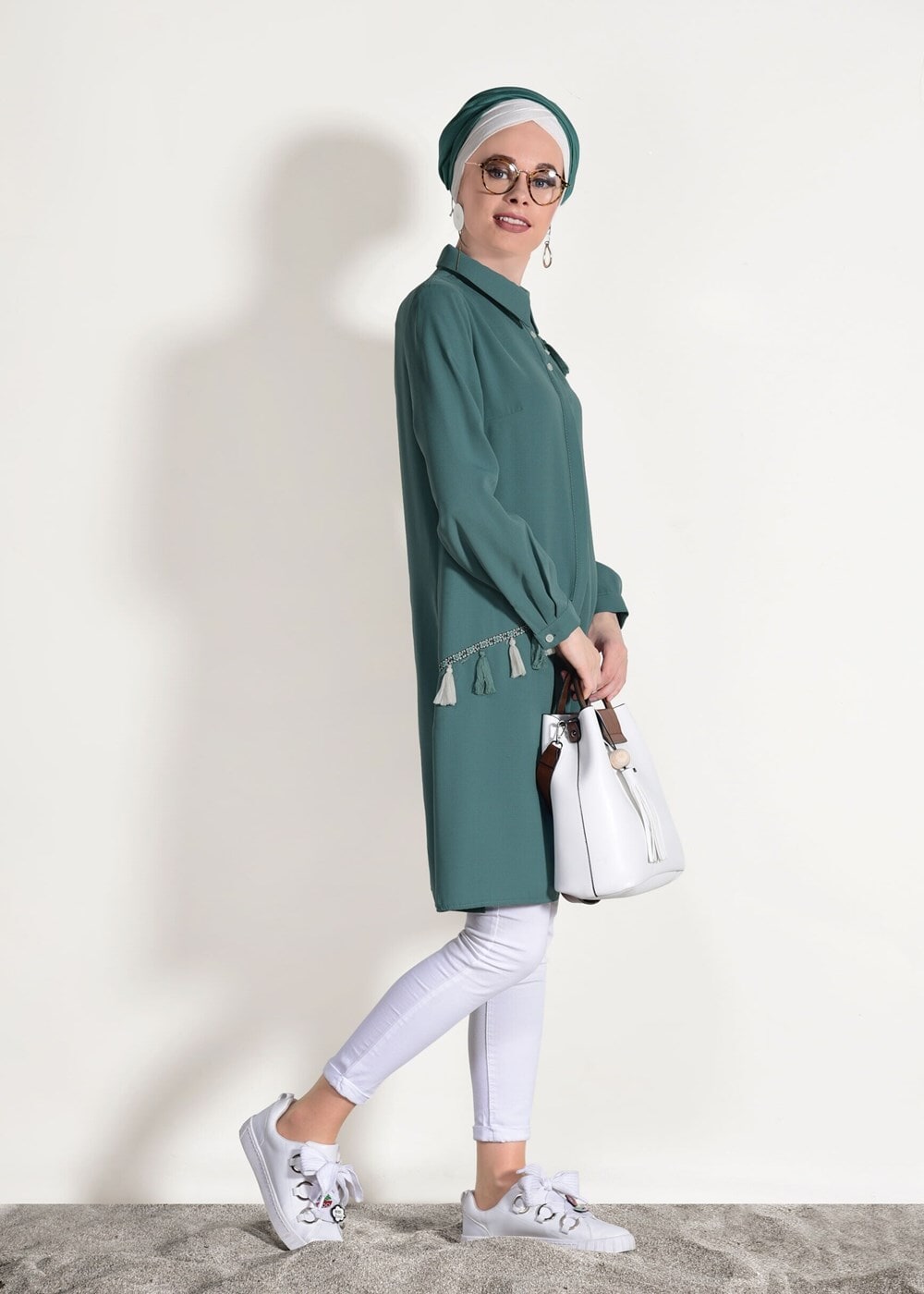 Vêtements hijab VERT TUNIQUE DÉTAILLÉE À FRANGES 3623 