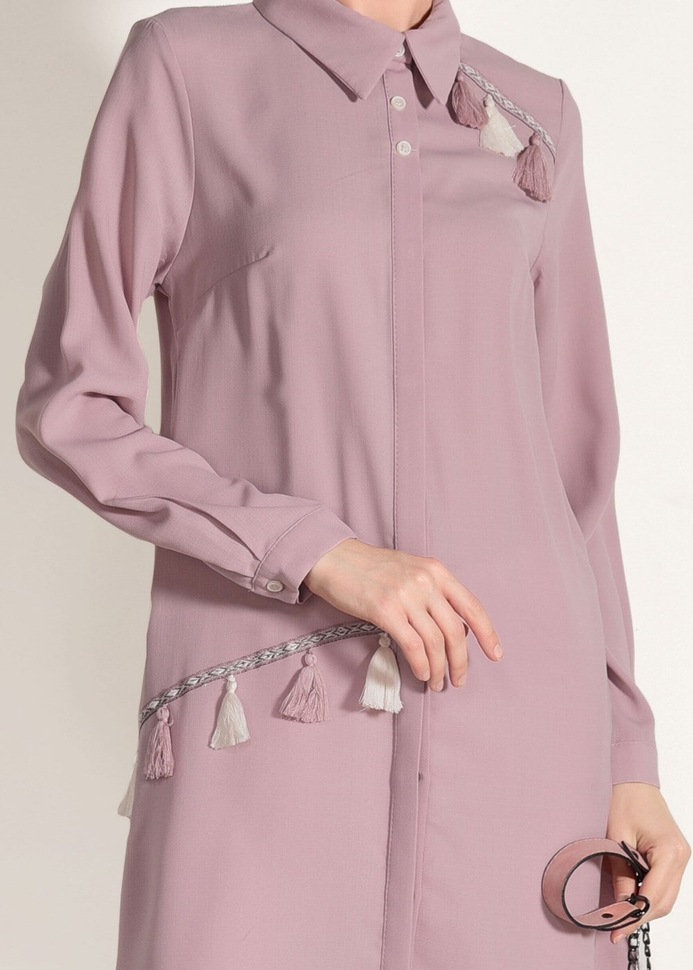 Tesettür giyim PEMBE T 3623 Mas- Püskül Detaylı Tunik