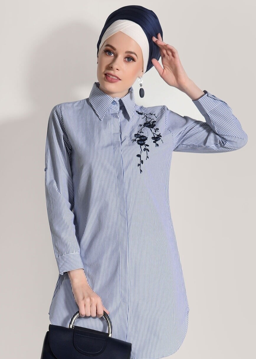 Hijab clothing NAVY BLUE STRIPED TUNIC 3809 
